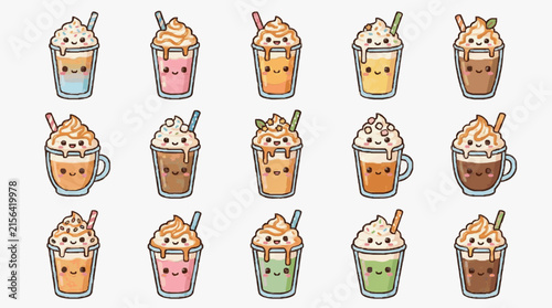 Corporate Collection of Kawaii Style Iced Drink Cups with Whipped Cream and Faces for Branding Marketing and Social Media