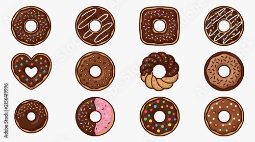Corporate Collection of Twelve Delicious Chocolate Donuts with Varied Toppings and Shapes for Branding and Presentation