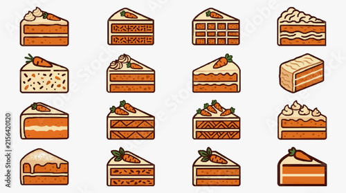 Corporate Collection of Vibrant Carrot Cake Slices with Diverse Frosting and Decorations Flat Set