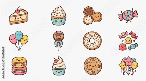 Corporate Cute Cartoon Food and Celebration Items Set with Colorful Balloons Donuts Cupcakes Ice Cream and Whimsical Characters