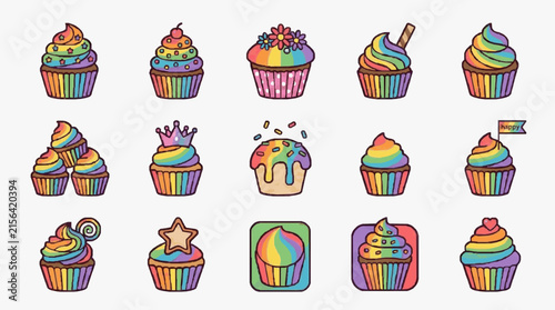Corporate Colorful Rainbow Cupcake Set for Branding Marketing and Social Media Content with high quality professional line art symbols for modern creative design and digital branding projects