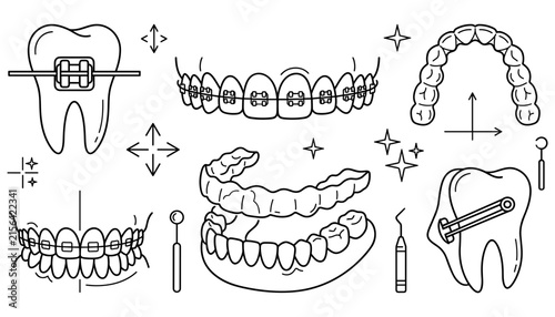Orthodontic Dental Care and Teeth Straightening Icon Set Featuring Thin Line Art Braces, Clear Invisible Aligners, Molars, and Dentist Examination Tools