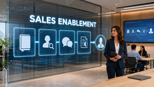 Businesswoman standing in front of a sales enablement glass panel display in a corporate office, presenting sales strategy and buyer persona workflows.