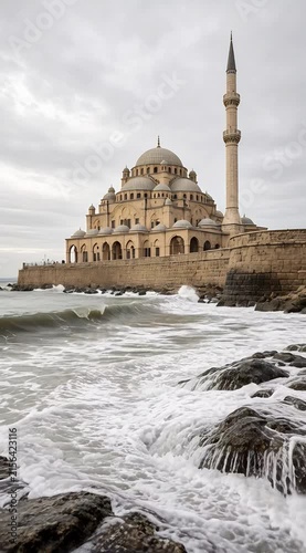 Historic Mosque at Rocky Shoreline with Crashing Waves and Dramatic Cloudy Sky
