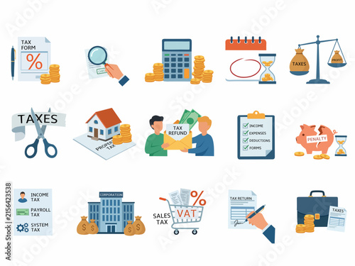 Set of colorful tax and accounting illustrations featuring tax forms, calculations, refunds, property tax, VAT, sales tax, payroll, and financial documents