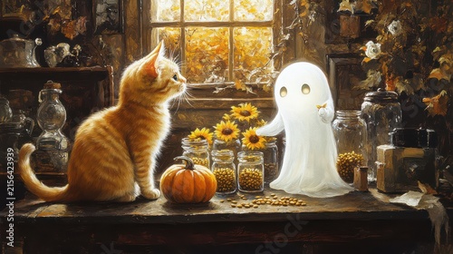 Cozy Autumn Scene with Cat, Pumpkin, Sunflowers, and Halloween Ghost Decor