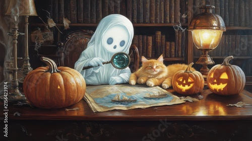 Spooky Halloween scene with ghost figure, carved pumpkins, and curious cat in library