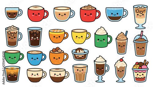 Set of cute kawaii style coffee and beverage illustrations with happy smiling faces on white background
