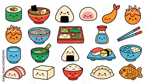 Set of cute kawaii japanese food icons including sushi ramen bento box and traditional snacks with happy faces