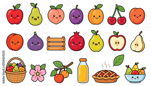 Set of cute kawaii style fruits and food items with happy faces and vibrant colors on white background
