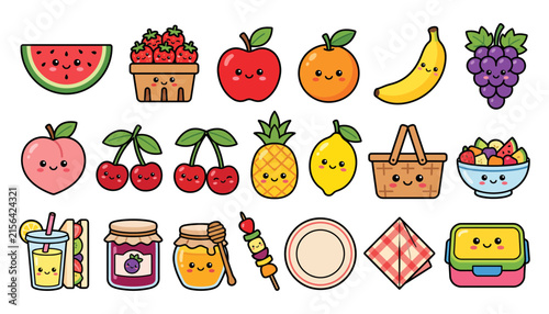 Cute kawaii fruit picnic collection featuring various fresh fruits snacks drinks and picnic accessories in vector style