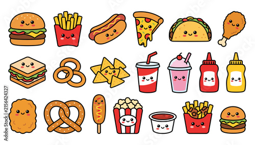 Set of cute kawaii fast food icons including burger fries pizza taco and drinks on white background