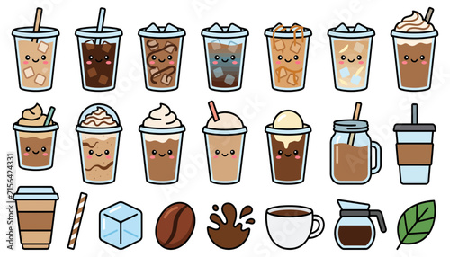 Set of cute kawaii iced coffee and cold beverage illustrations with coffee beans and ice cubes