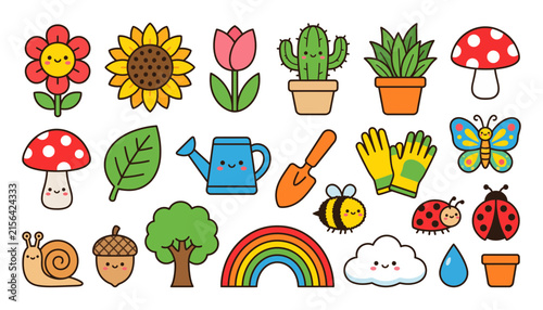 Set of cute kawaii garden elements including flowers insects plants and gardening tools on white background