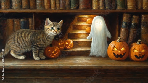 Curious Tabby Cat Exploring Festive Halloween Decor with Ghost and Pumpkins