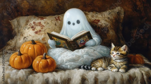 Cute Halloween Baby Ghost Reading Book with Kittens and Pumpkins on Bed