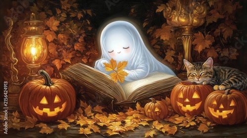 Cute ghost with closed eyes reading book among Halloween pumpkins and autumn leaves