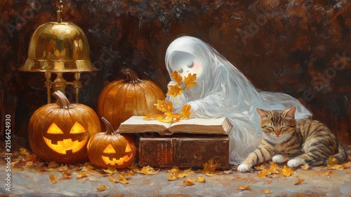 Halloween-themed spooky scene with ghost book pumpkins and a cat in autumn setting