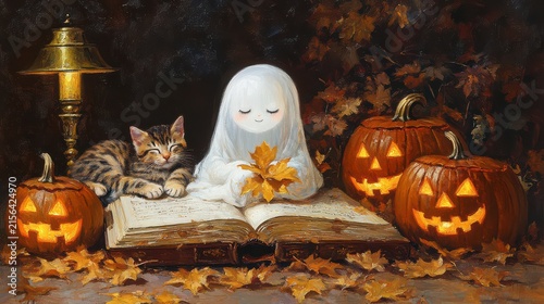 Spooky Halloween Scene with Ghost, Cat, Jack-o'-lanterns, and Autumn Leaves
