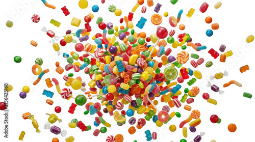 Explosion of assorted colorful candies and sweets isolated on transparent background