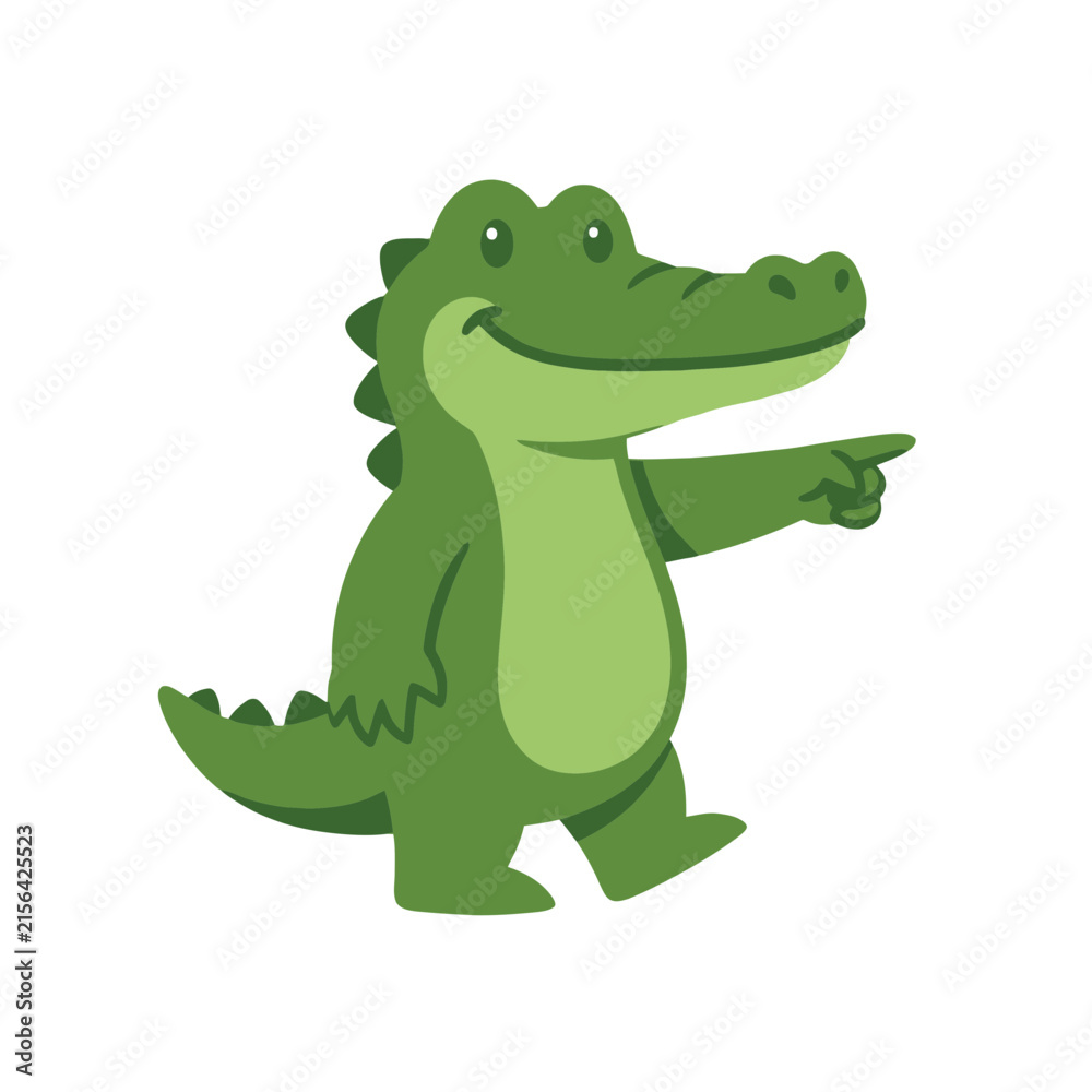 Fototapeta premium A friendly green cartoon reptile points to the side area
