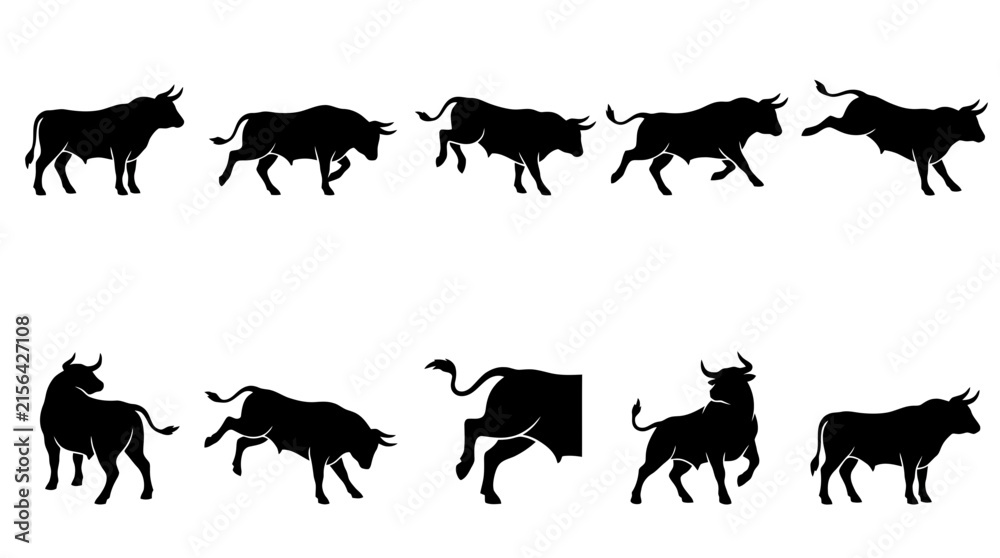 Fototapeta premium Dynamic bull silhouette vector set, powerful black bull icons in various action poses, strong animal graphics for branding and sports design, a collection of charging bull illustrations.