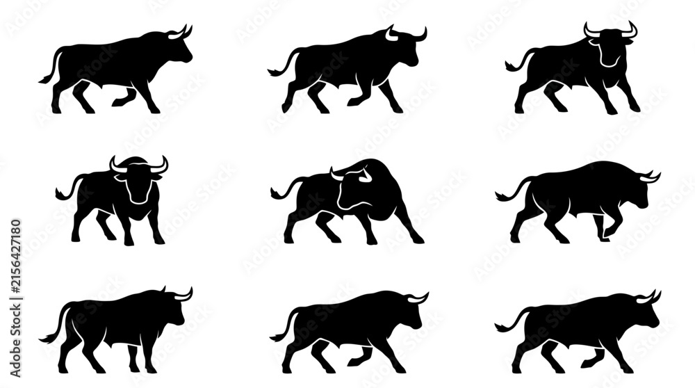 Obraz premium Dynamic bull silhouettes, a powerful collection of 9 black vector bull icons, strong animal symbols for finance, sports, or branding, isolated on white.