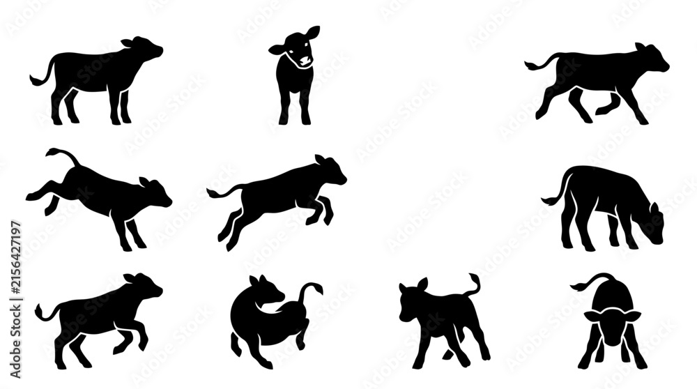 Obraz premium Dynamic cattle silhouette vector set, various cow and calf poses, farm animal collection for agricultural branding and livestock designs