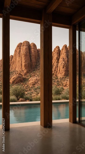 Serene Pool With Stunning View Of Towering Red Rock Formations In Modern Architecture