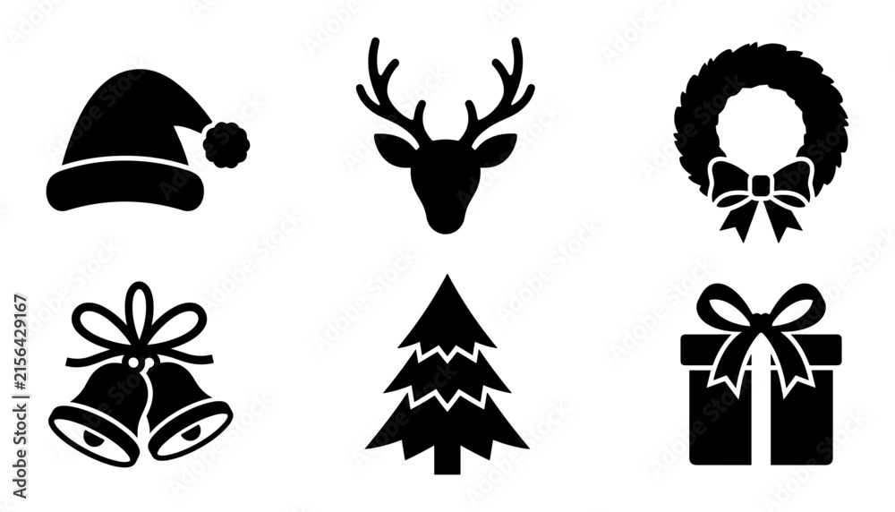 Fototapeta premium Christmas Holiday Silhouette Vector Icon Set Featuring Santa Hat Reindeer Head Festive Wreath Jingle Bells Pine Tree and Present Gift Box