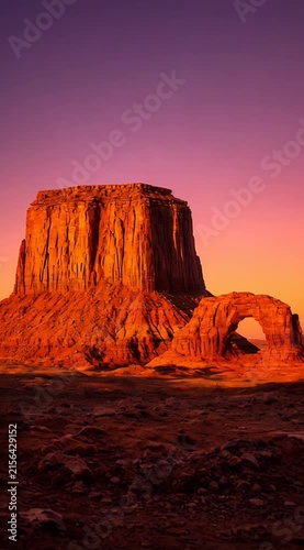 Majestic Sandstone Butte at Sunset with Vibrant Purple and Orange Sky in Monument Valley Arizona