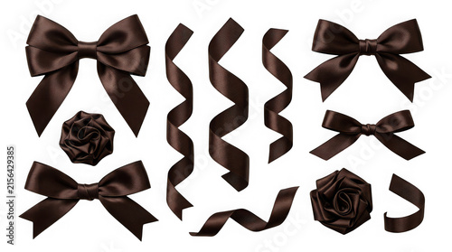 Set of dark brown satin ribbons, bows, and rosettes isolated on transparent background