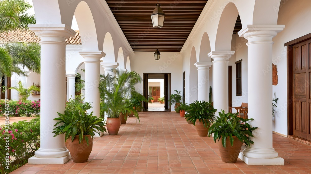 Fototapeta premium Colonial hacienda courtyard archway with tropical plants