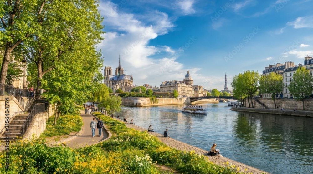 Obraz premium Peaceful Riverside Park With Trees, Historic Architecture and Blue Sky