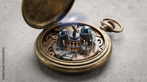 Vintage brass pocket watch with miniature observatory inside, steampunk astronomical clockwork, magical timekeeping device on stone