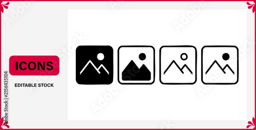 Mountain landscape and gallery photo gallery image icons set with mountain landscape interface
