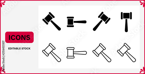 Legal gavel and judge hammer icons set with business authority government decision collection