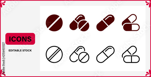 Medical pills and pharmaceutical medicine capsule icons set with medicine pharmaceutical treatment