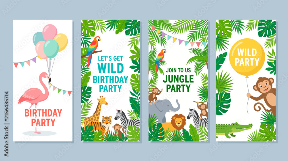 Fototapeta premium Jungle-themed children's birthday party invitations set of four with colorful balloons, tropical leaves, and playful jungle animals (monkeys and toucans).