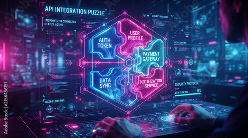 API Integration Puzzle Dashboard Concept for Futuristic Software Development and Cybersecurity Data Visualization