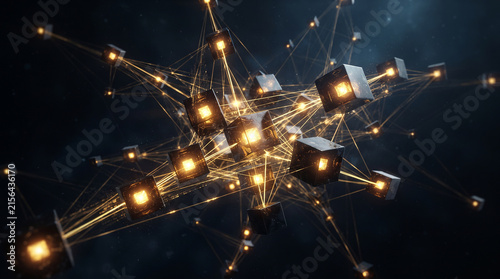 Abstract Blockchain Technology Concept with Glowing 3D Cubes Representing Decentralized Digital Data Network