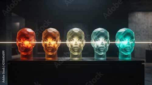 Conceptual 3D Art of Faceted Human Heads in Gradient Colors with a Light Beam for AI and Collective Intelligence