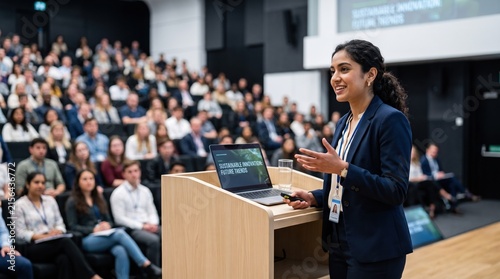Young female professional giving a presentation on sustainable innovation in a crowded university lecture hall