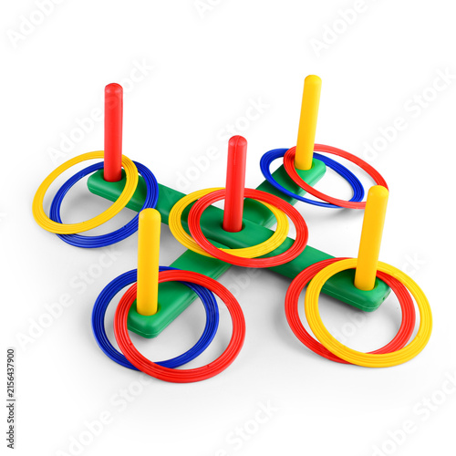 Fotografie Plastic ring toss game set with colorful pegs isolated on white