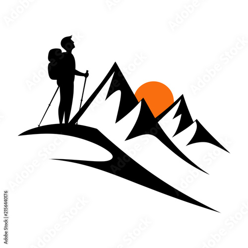 Hiker silhouette on mountain peak with sunrise icon for adventure and travel design