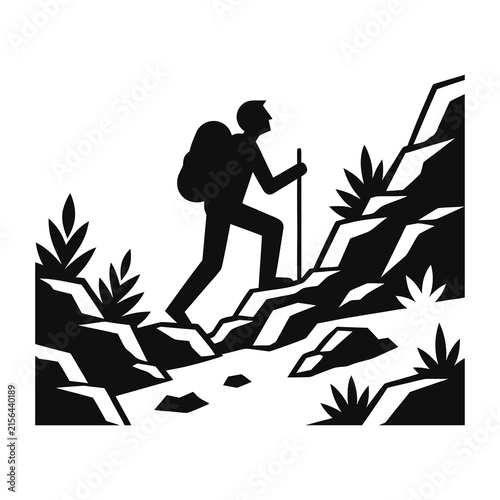 Hiker with backpack climbing a mountain trail icon vector illustration