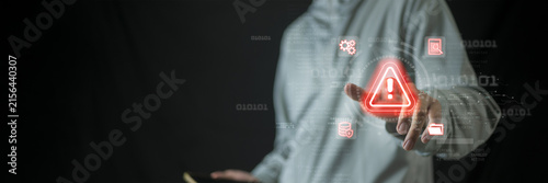 AI-powered cybersecurity threat detection system displaying a critical security alert, source code, network monitoring, firewall protection, data security, and real-time digital detection.