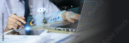 Business professional using AI-powered analytics and coding tools to manage data, automate workflows, monitor performance, and support software development through intelligent digital technology.