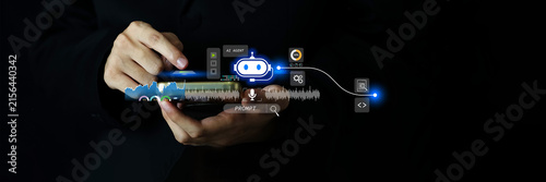 Business professional using an AI agent with voice commands and prompts to automate workflows, analyze data, support coding, and improve productivity through intelligent digital technology.