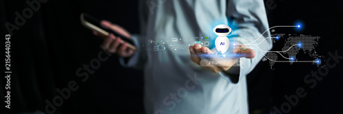 Global business professional using an AI agent to automate workflows, analyze data, and connect digital services through intelligent technology, supporting smart decisions and worldwide business